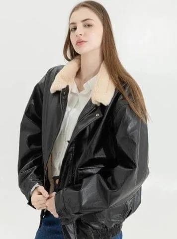 Women 90s Oversize Bomber Fur Lined Fur Collor Genuine Leather Retro Jacket