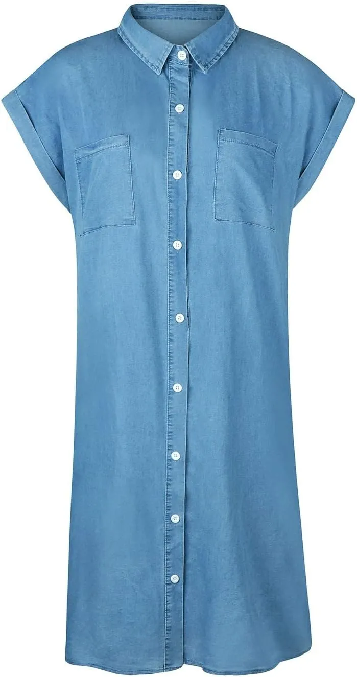 Women Casual Button Down Denim Dress Loose Fit Jean Shirt Dresses Short Sleeve Mini T Shirt Dress with Pockets