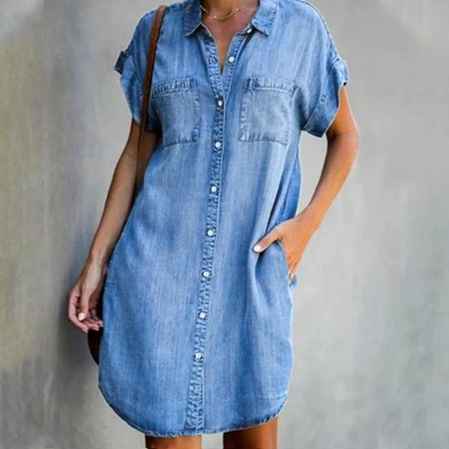 Women Casual Button Down Denim Dress Loose Fit Jean Shirt Dresses Short Sleeve Mini T Shirt Dress with Pockets