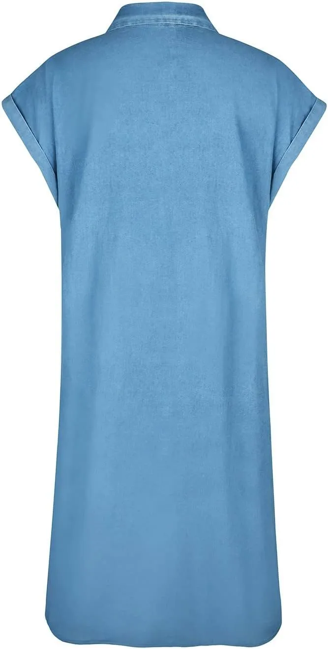 Women Casual Button Down Denim Dress Loose Fit Jean Shirt Dresses Short Sleeve Mini T Shirt Dress with Pockets