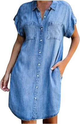 Women Casual Button Down Denim Dress Loose Fit Jean Shirt Dresses Short Sleeve Mini T Shirt Dress with Pockets