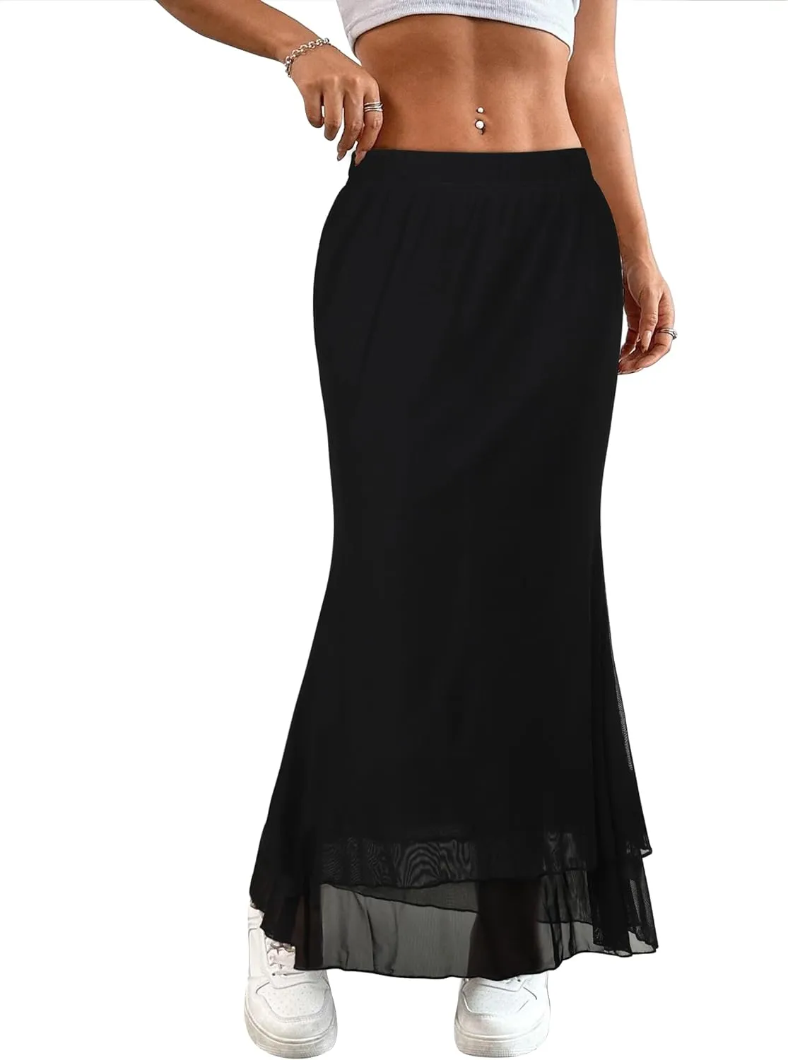 Women Maxi Skirt Ditsy Floral Mesh Skirt Summer Flowy Boho Elastic High Waisted Long Skirts Fashion Trendy