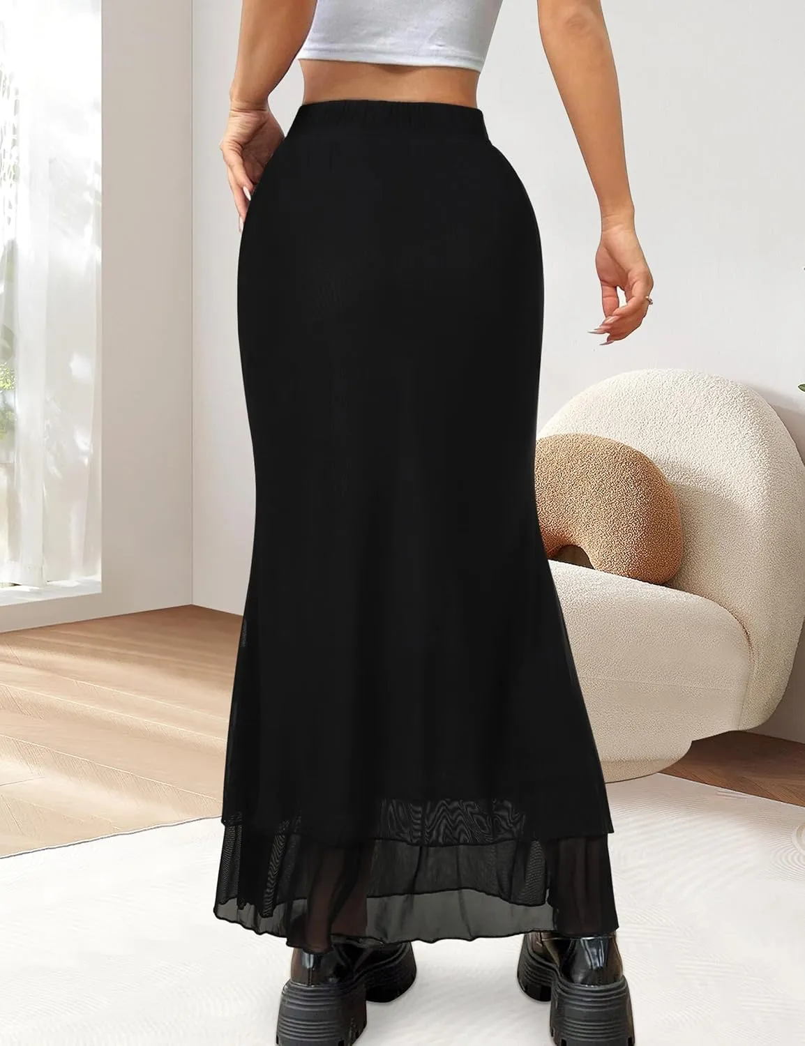 Women Maxi Skirt Ditsy Floral Mesh Skirt Summer Flowy Boho Elastic High Waisted Long Skirts Fashion Trendy