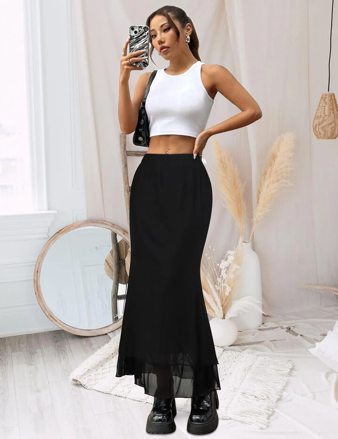 Women Maxi Skirt Ditsy Floral Mesh Skirt Summer Flowy Boho Elastic High Waisted Long Skirts Fashion Trendy