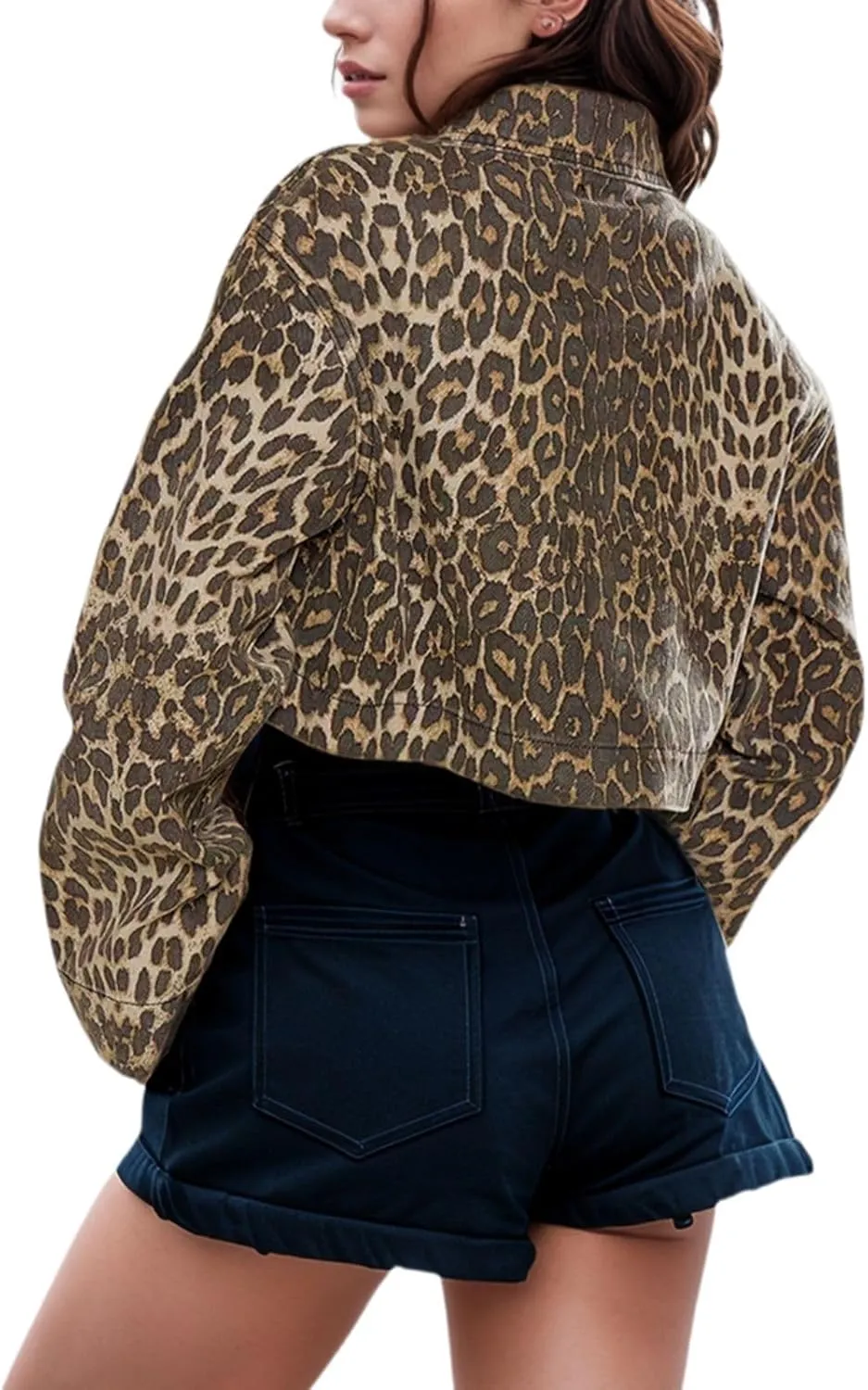 Women's Button Down Jacket Long Sleeve Cropped Top Denim Jeans Coat