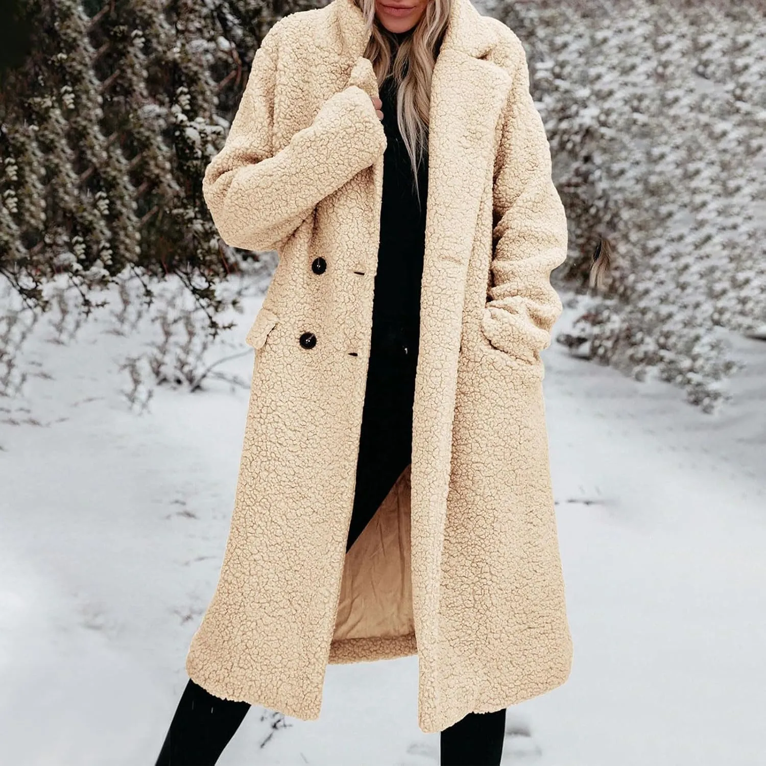 Womens Fuzzy Fleece Jacket Sherpa Trench Coat Trendy Double Breasted Open Front Long Cardigan with Pocket S-XXL