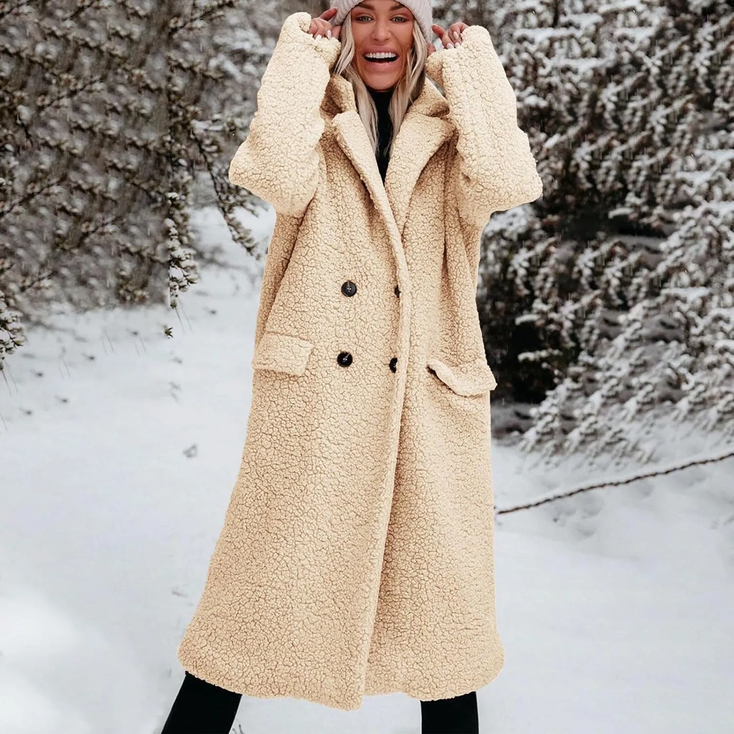 Womens Fuzzy Fleece Jacket Sherpa Trench Coat Trendy Double Breasted Open Front Long Cardigan with Pocket S-XXL