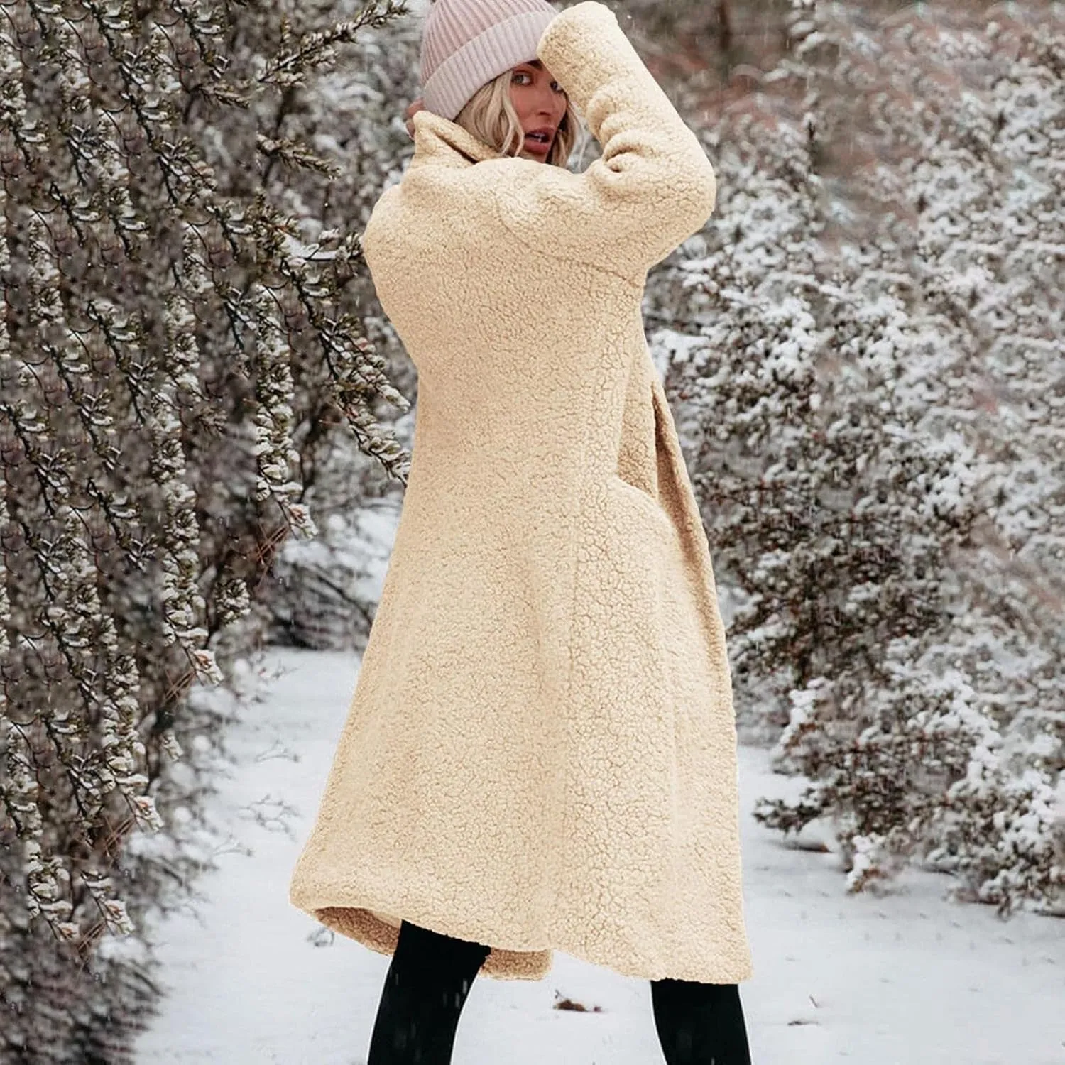 Womens Fuzzy Fleece Jacket Sherpa Trench Coat Trendy Double Breasted Open Front Long Cardigan with Pocket S-XXL