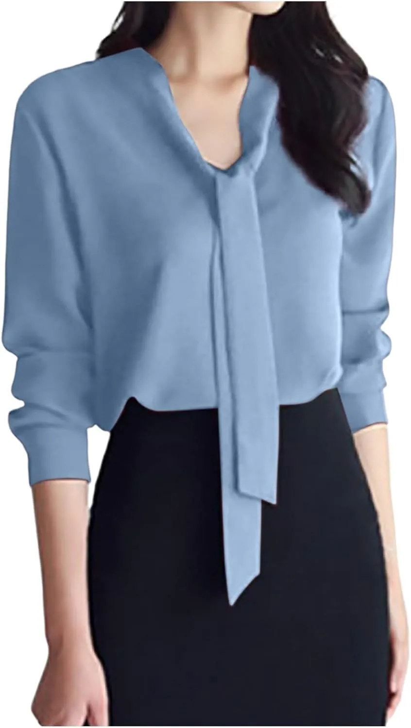 Women's Solid Color Long Sleeve Business Casual Bow Ribbon Blouse Womens Fall Flannel Shirt