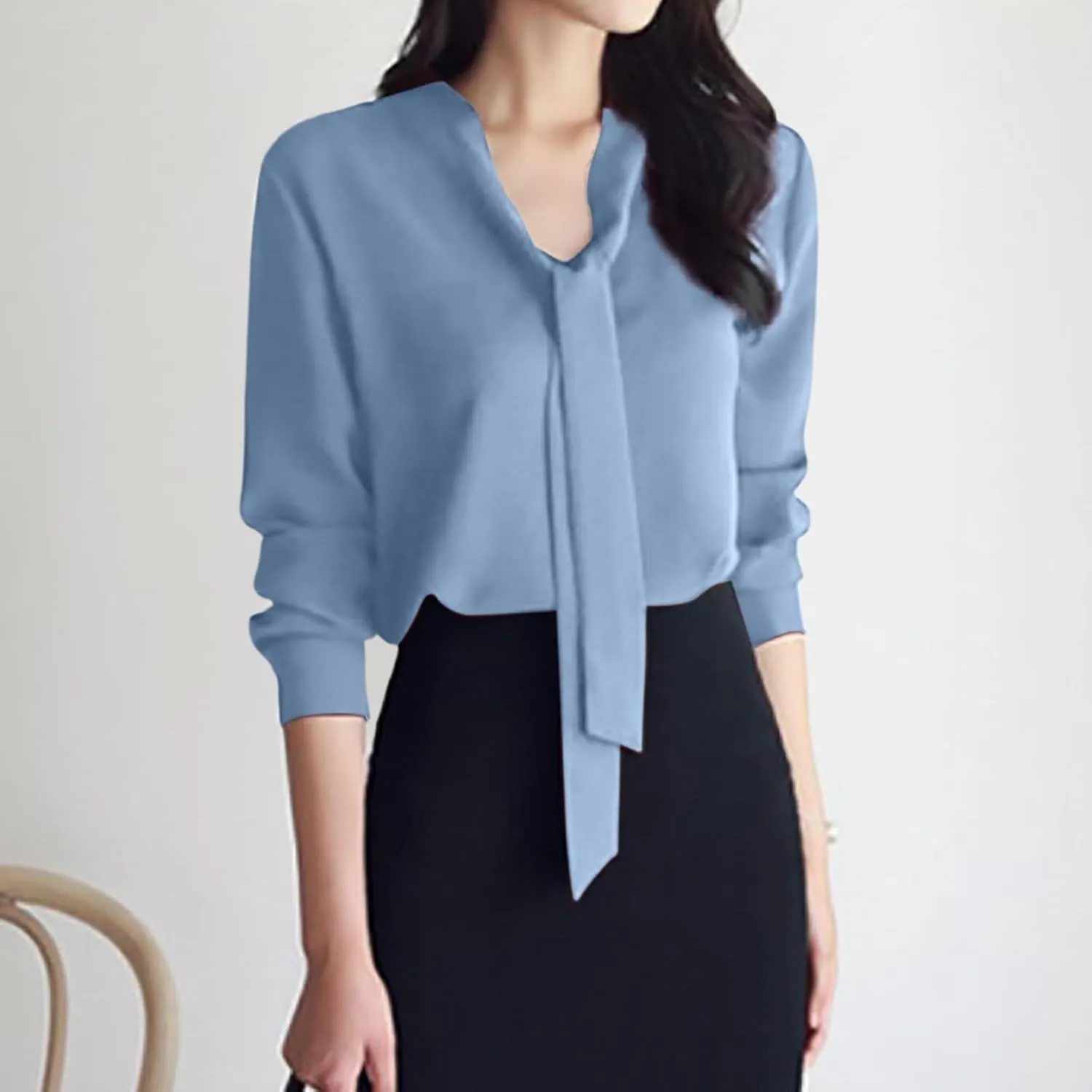 Women's Solid Color Long Sleeve Business Casual Bow Ribbon Blouse Womens Fall Flannel Shirt