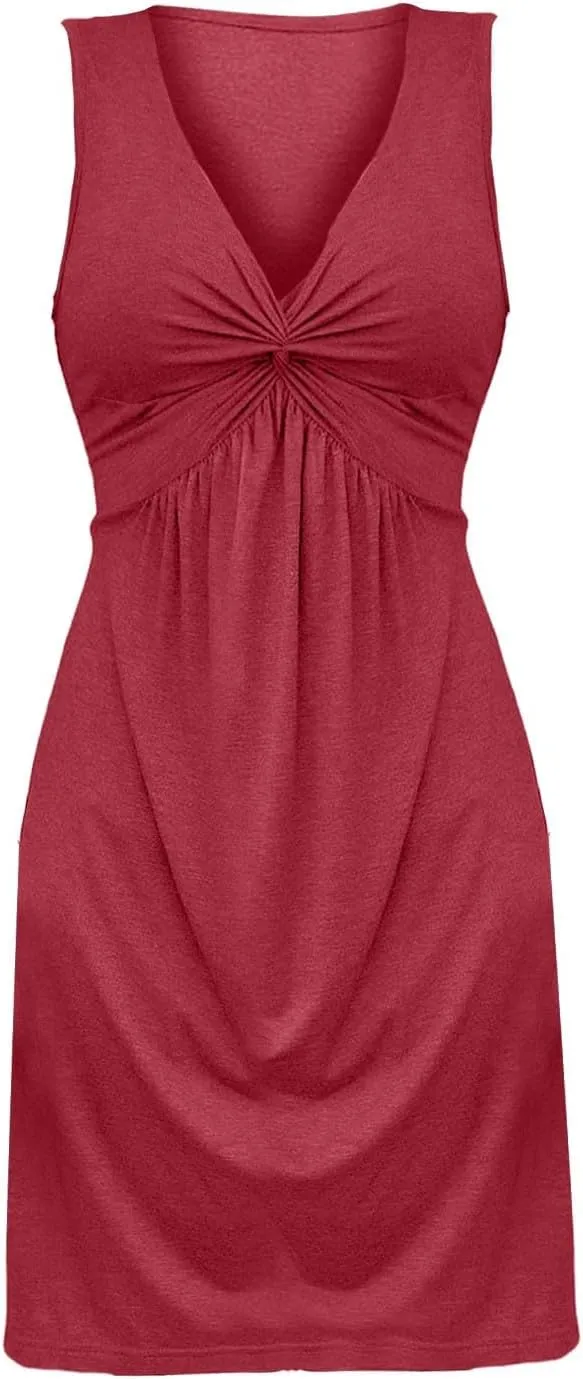 Womens V Neck Tank A Line Dresses Twist Front Ruffle Bodycon Sundress 2025 Summer Elegant Sleeveless Party Tunic