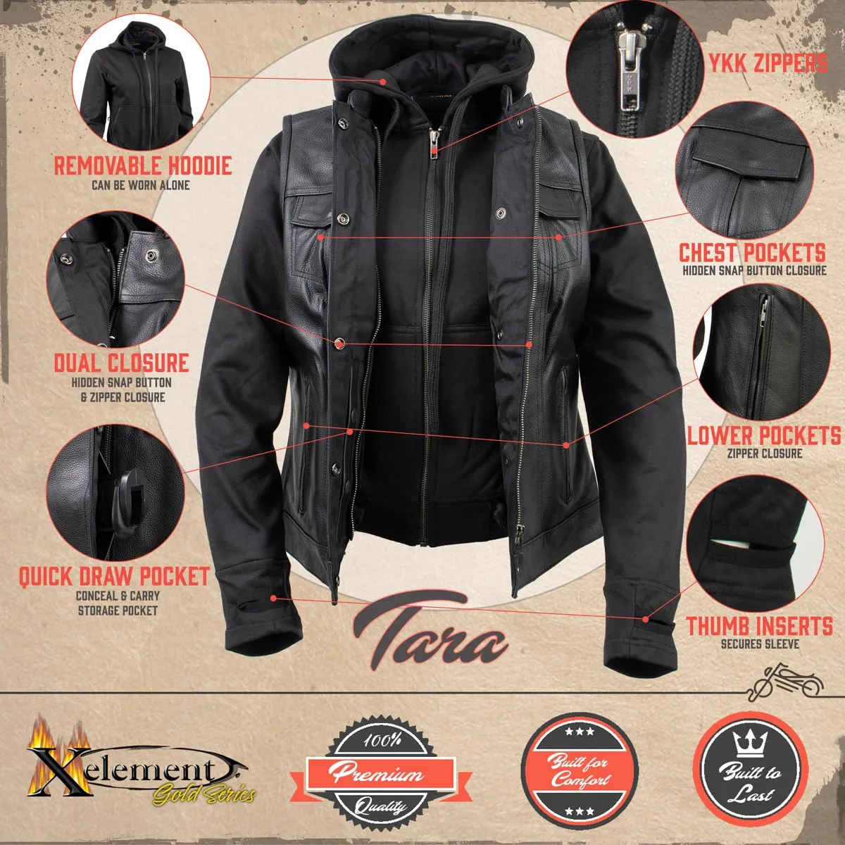 Xelement Gold XS24007 Women's 'Tara' Black Leather Motorcycle Rider 2