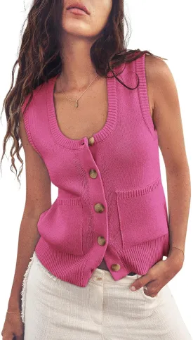 Yousify Womens Sweater Vest Summer Ribbed Tank Tops Sleeveless Button Down Shirts Scoop Neck Top for Women