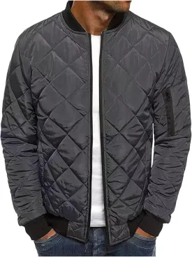 ZWRXW Bomber Jackets for Men Diamond Quilted Puffer Down Jacket Full Zip Lightweight Varsity Padded Coat Winter Warm Outwear
